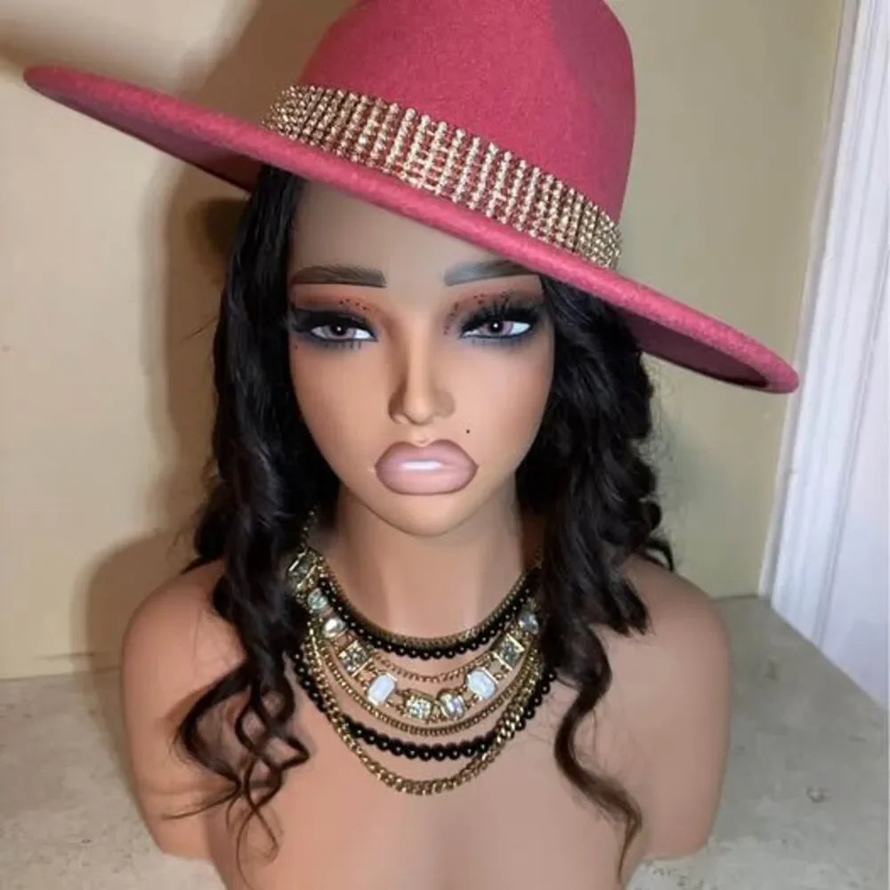 NEW Women’s Coachella Fedora Style Wide Brim Dark Rose W/Rhinestone Hat